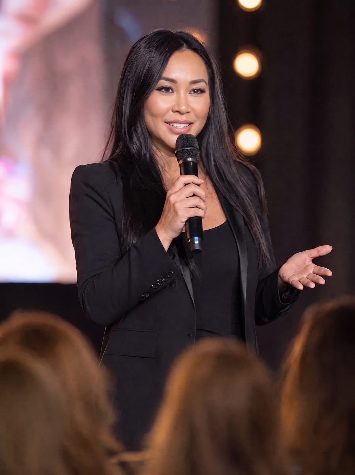 Lindsey Ta giving a keynote at a permanent makeup industry conference — Founder & Master Artist