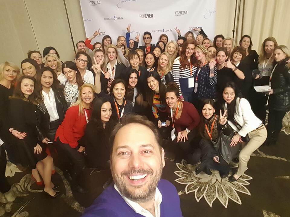 Selfie with Branko Babic, Lindsey Ta, and microblading artists from all over the world at the World of Microblading Championship